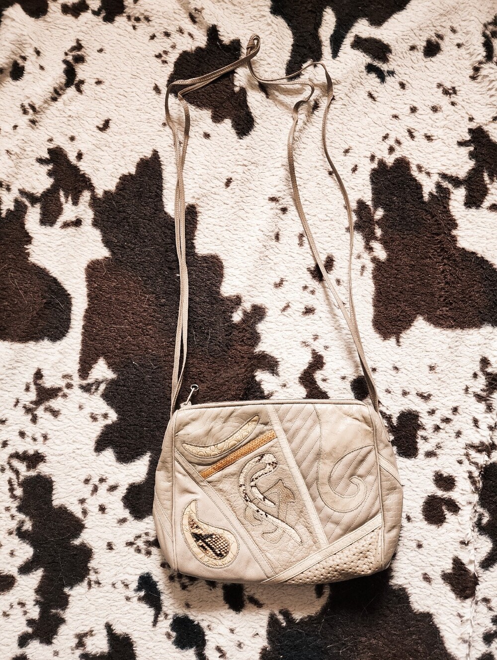 "SHARIF" WOMEN'S 80'S LEATHER MIX EVENING BAG - TAN